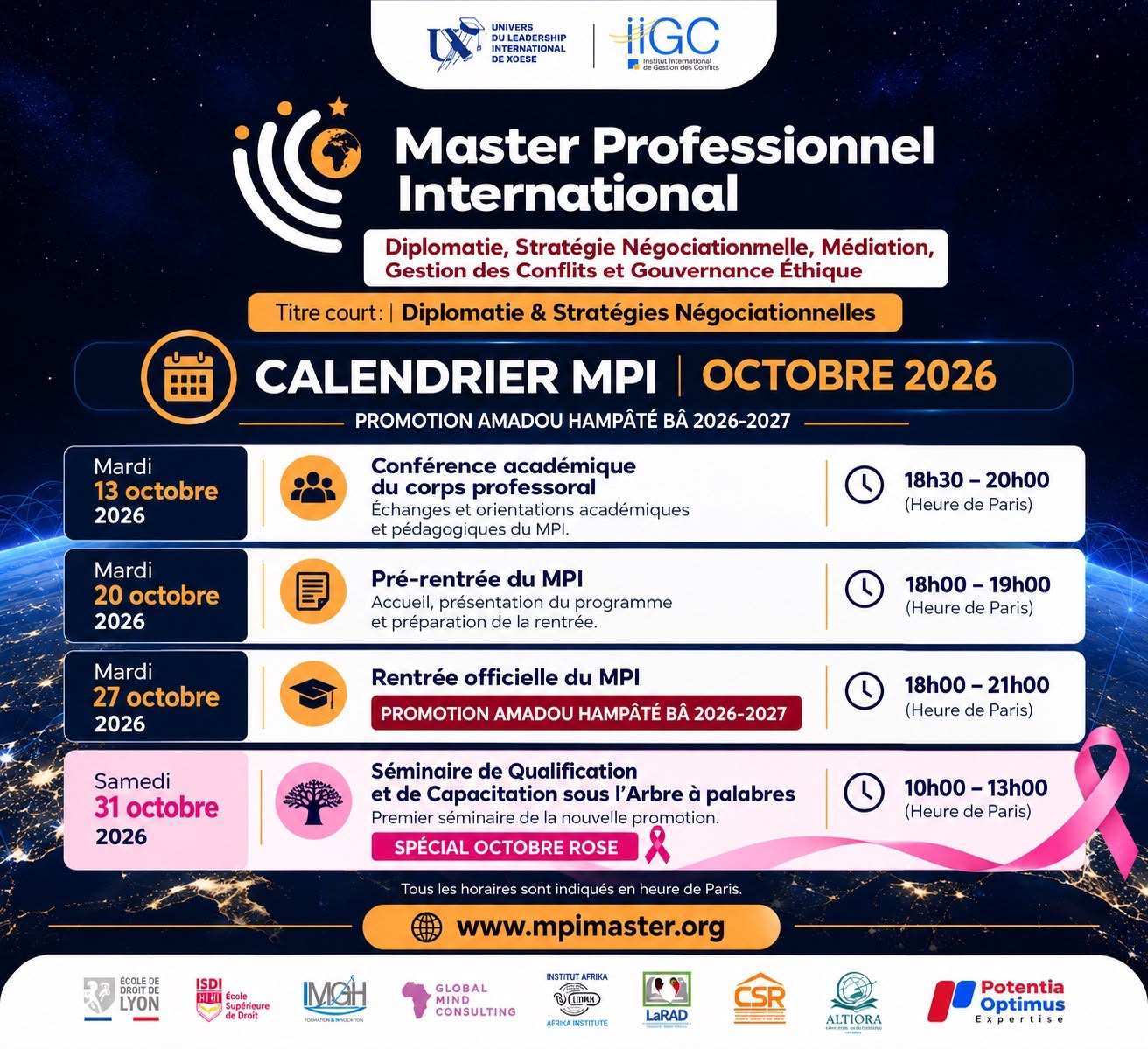 Calendrier MPI d’octobre 2026, promotion Amadou Hampâté Bâ 2026–2027. Site : www.mpimaster.org.